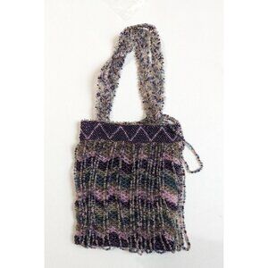 Beaded Purse Woven Small 6 Inch Handbag Multicolor Purple Silver Chevron Bead De